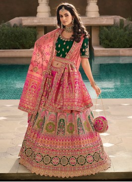 Green and Pink Embroidered Banarasi Silk A Line Lehenga Choli