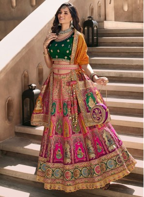 Green and Purple Embroidered Banarasi Silk Designer Lehenga Choli