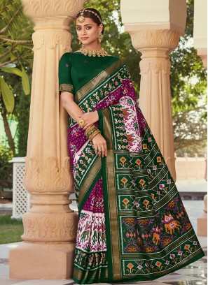 Green and Purple Silk Patola Print Traditional Saree