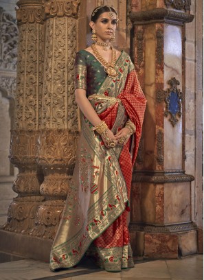 Green and Red Banarasi Silk Weaving Trendy Saree