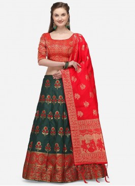 Green And Red Color Art Silk Woven Lehenga