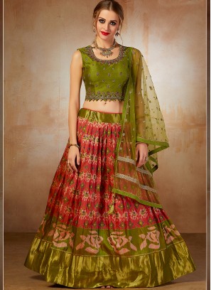 Green And Red Color Mehndi Wear Lehenga