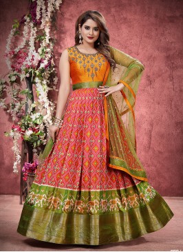 Green And Red Color Silk Long Suit