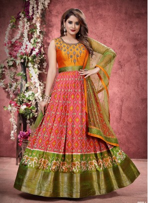 Green And Red Color Silk Long Suit