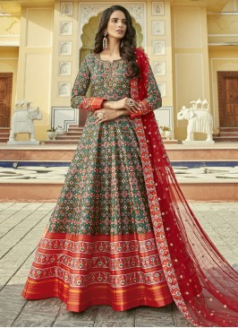 Green and Red Silk Patola Print Floor Length Gown