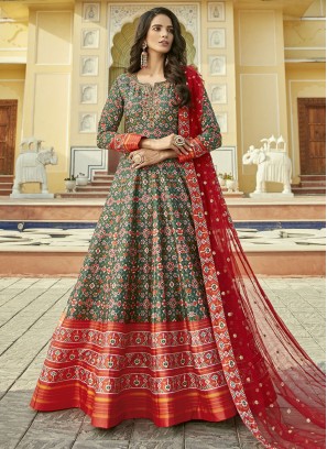 Green and Red Silk Patola Print Floor Length Gown