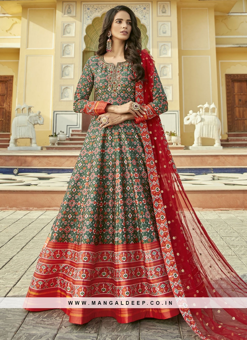 Green and Red Silk Patola Print Floor Length Gown