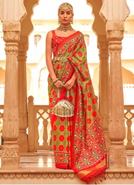 Green and Red Zari Festival Contemporary Saree