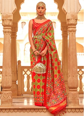 Green and Red Zari Festival Contemporary Saree