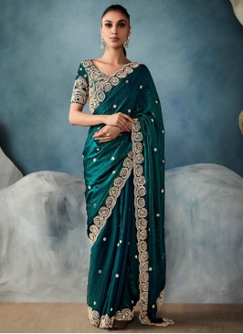 Green and Teal Ceremonial Tissue Contemporary Saree