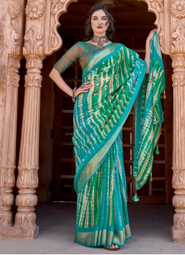 Green and Turquoise Printed Saree