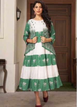 Green And White Color Kurti With Koti