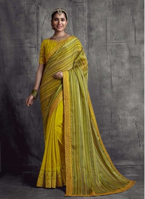 Green And Yellow Color Silk Saree For Wedding