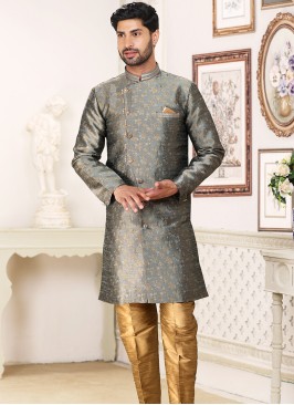 Gray Banarasi Jacquard Indo Western Ensemble with Tusser Aligadhi Pant.