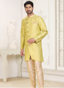 Pista Banarasi Jacquard Indo Western Ensemble with Gold Aligadhi Pant.