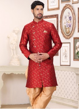 Maroon Banarasi Jacquard Indo Western Ensemble with Chikoo Aligadhi Pant.