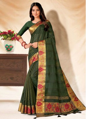 Green Banarasi Silk Embroidered Classic Saree