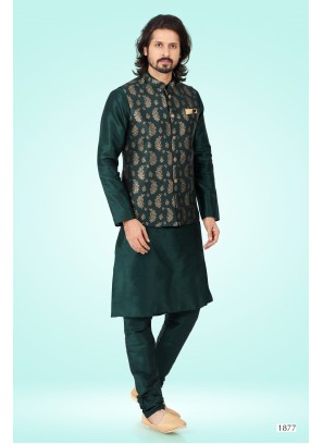 Green Banarasi Silk Kurta Set with Nehru Jacket