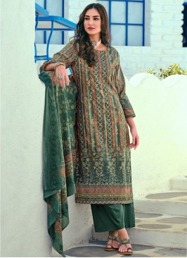 Green Blended Cotton Mehndi Salwar Kameez