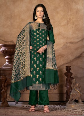 Green Casual Banarasi Silk Palazzo Salwar Kameez