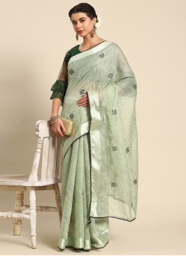 Green Casual Poly Cotton Contemporary Saree