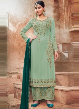 Green Ceremonial Faux Georgette Designer Pakistani Salwar Suit