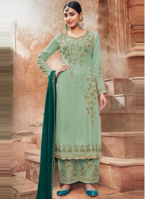 Green Ceremonial Faux Georgette Designer Pakistani Salwar Suit