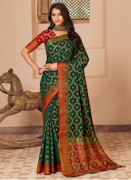 Green Ceremonial Raw Silk Contemporary Style Saree