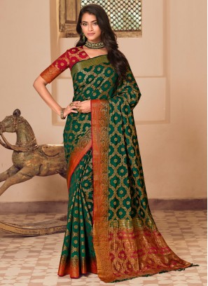 Green Ceremonial Raw Silk Contemporary Style Saree