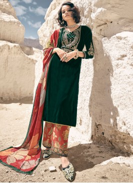 Green Ceremonial Velvet Trendy Salwar Kameez