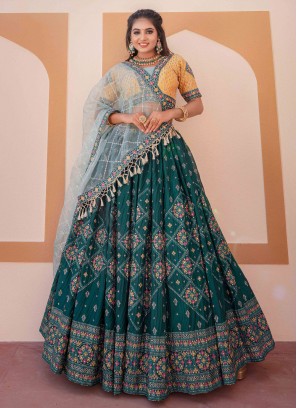 Green Chinon Mehndi Readymade Lehenga Choli