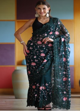 Green Color Applique Flower Saree