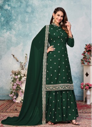 Green Color Art Silk Embroidered Sharara Suit