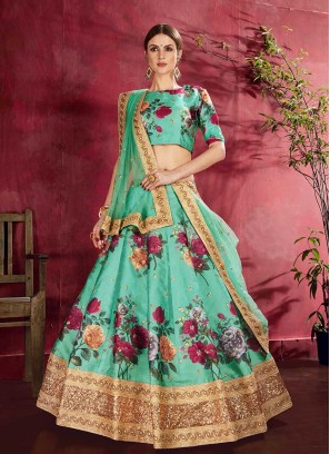 Green Color Art Silk Floral Print Lehenga