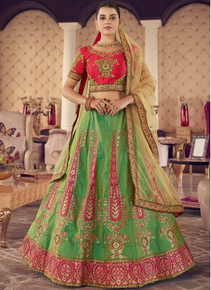 Green Color Art Silk Hand Work Lehenga