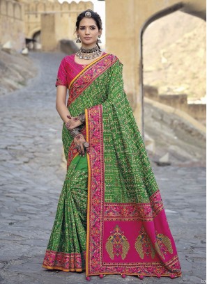 Green Color Banarasi Silk Kachchi Work Saree