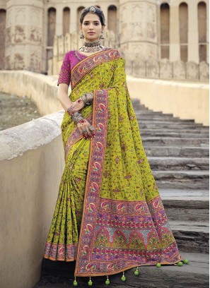 Green Color Banarasi Silk Kachchi Work Saree