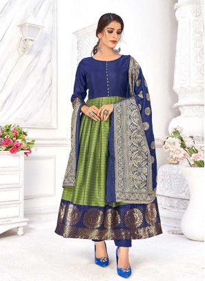 Green Color Banarasi Silk Kurti With Dupatta