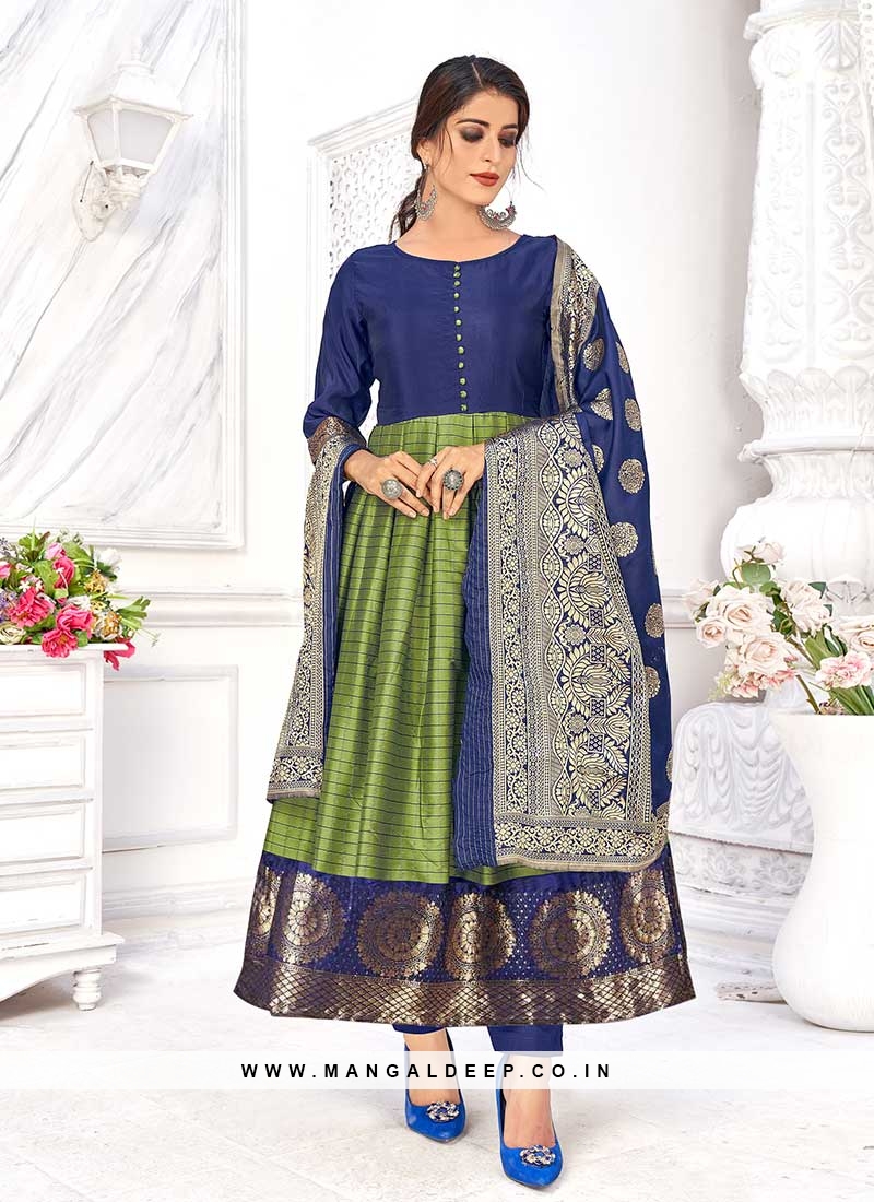 Green Color Banarasi Silk Kurti With Dupatta