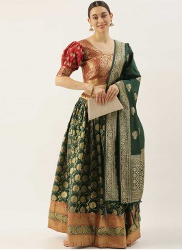 Green Color Banarasi Silk Mehndi Wear Lehenga