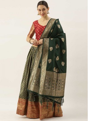 Green Color Banarasi Silk Mehndi Wear Lehenga
