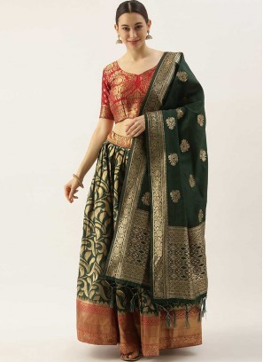 Green Color Banarasi Silk Mehndi Wear Lehenga