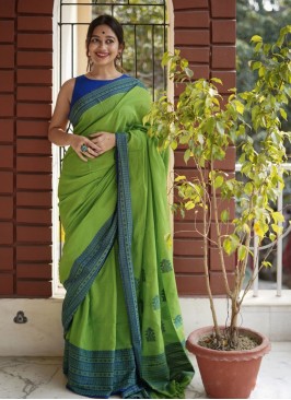 Green Color Chanderi Cotton Simple Saree