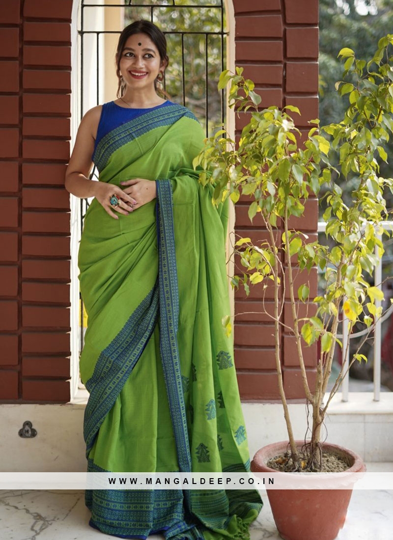 Green Color Chanderi Cotton Simple Saree