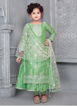 Green Color Chanderi Fabric Foil Work Girls Suit