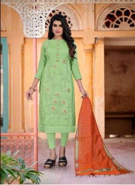 Green Color Chanderi Unstitched Dress