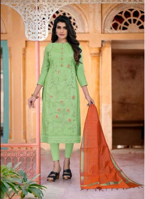 Green Color Chanderi Unstitched Dress