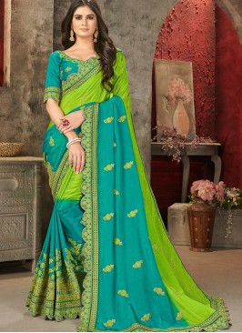 Green Color Chiffon Embroidered Saree