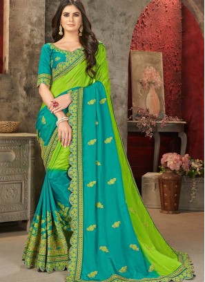 Green Color Chiffon Embroidered Saree