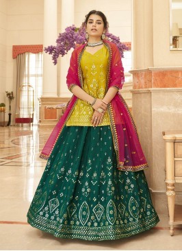 Green Color Chiffon Gota Patti Work Lehneg With Long Top